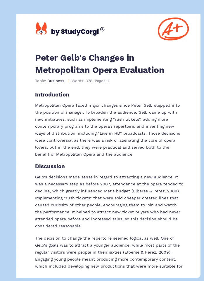 Peter Gelb's Changes in Metropolitan Opera Evaluation. Page 1