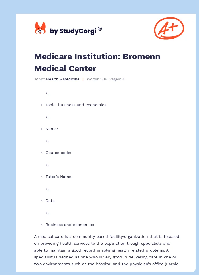 Medicare Institution: Bromenn Medical Center. Page 1