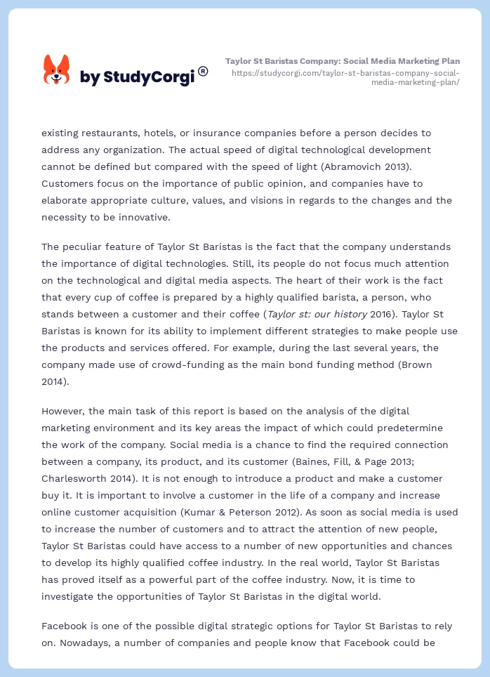 Taylor St Baristas Company: Social Media Marketing Plan. Page 2