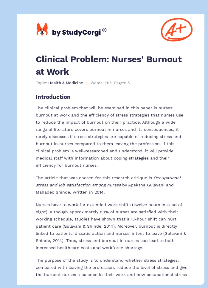 Clinical Problem: Nurses' Burnout at Work. Page 1
