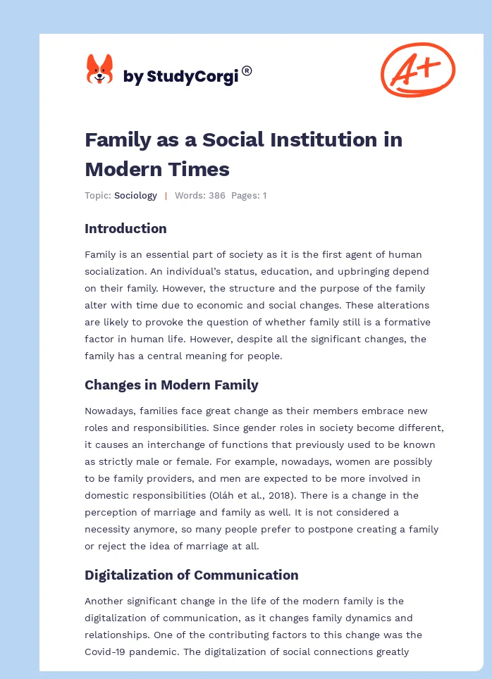 Family as a Social Institution in Modern Times. Page 1
