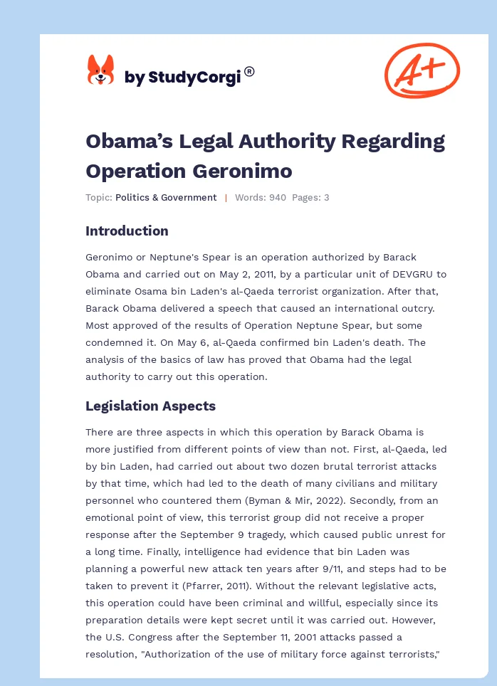 Obama’s Legal Authority Regarding Operation Geronimo. Page 1