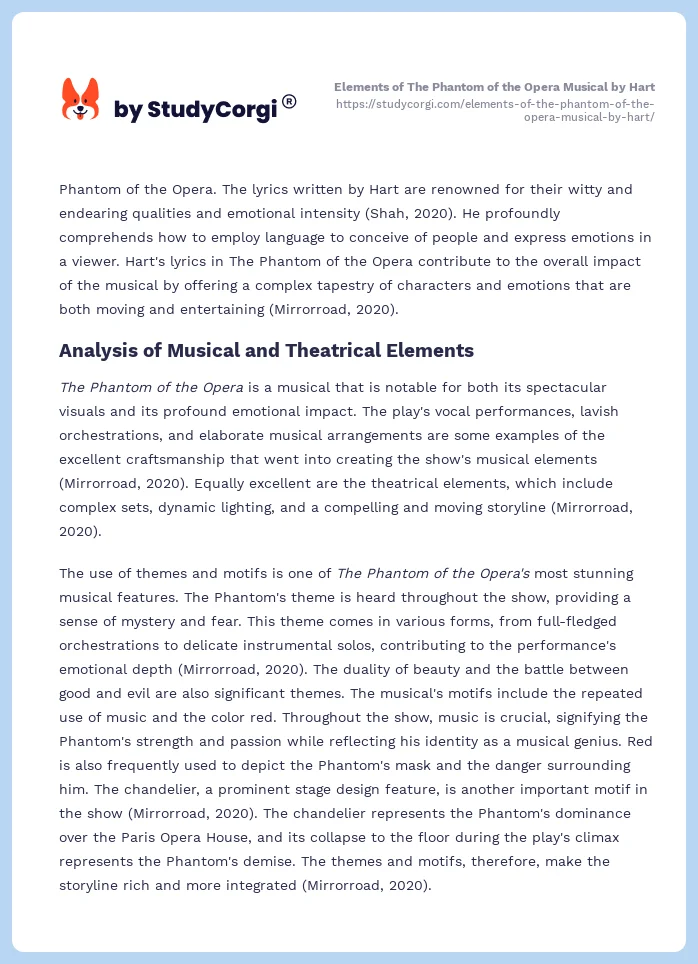 Elements of The Phantom of the Opera Musical by Hart | Free Essay Example