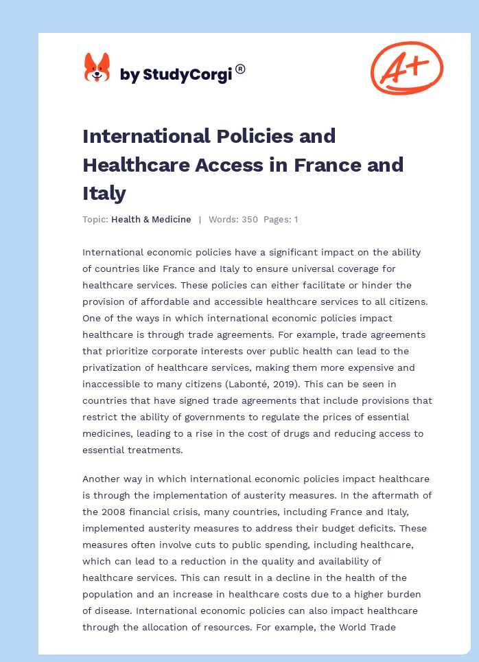 International Policies and Healthcare Access in France and Italy. Page 1