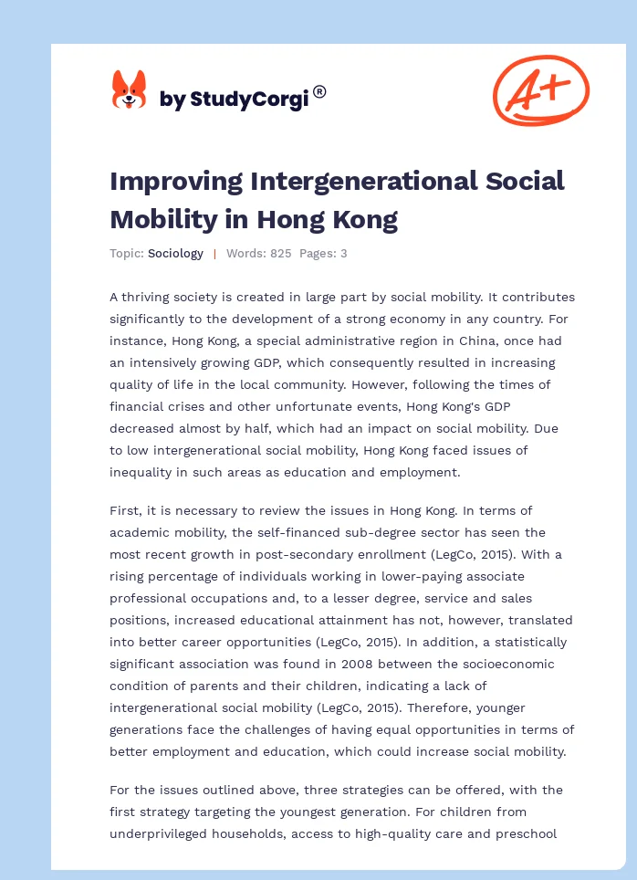 Improving Intergenerational Social Mobility in Hong Kong. Page 1
