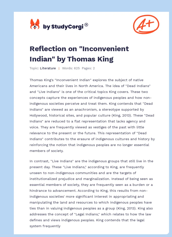 Reflection on "Inconvenient Indian" by Thomas King. Page 1