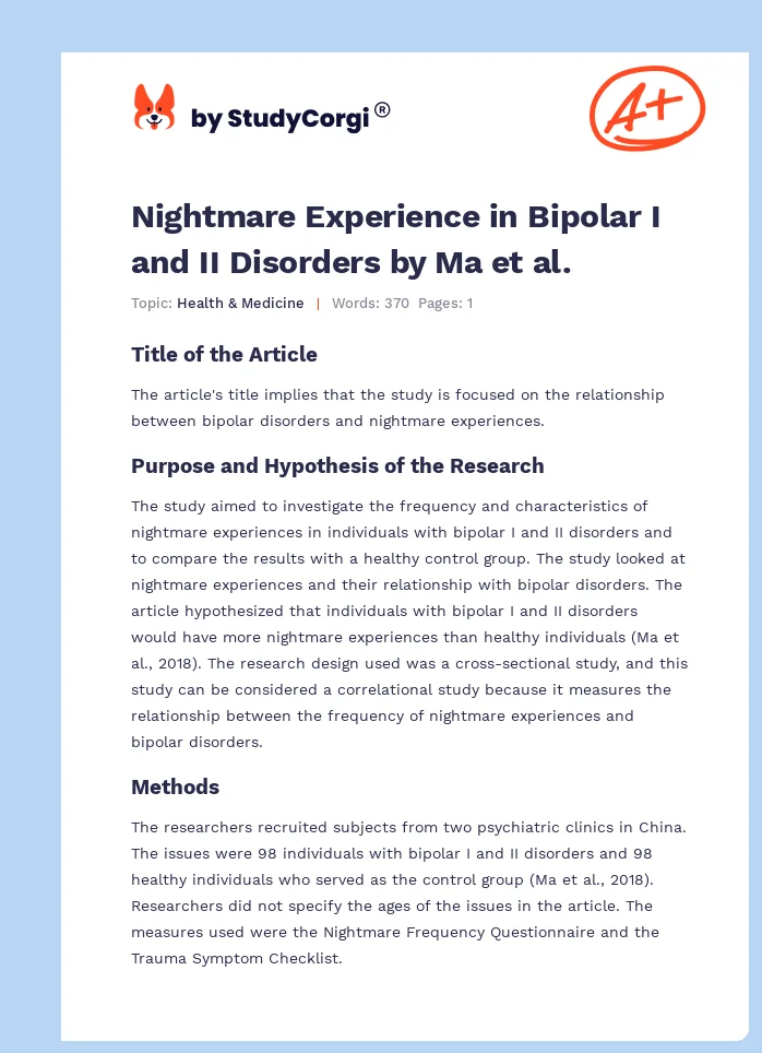 Nightmare Experience in Bipolar I and II Disorders by Ma et al.. Page 1
