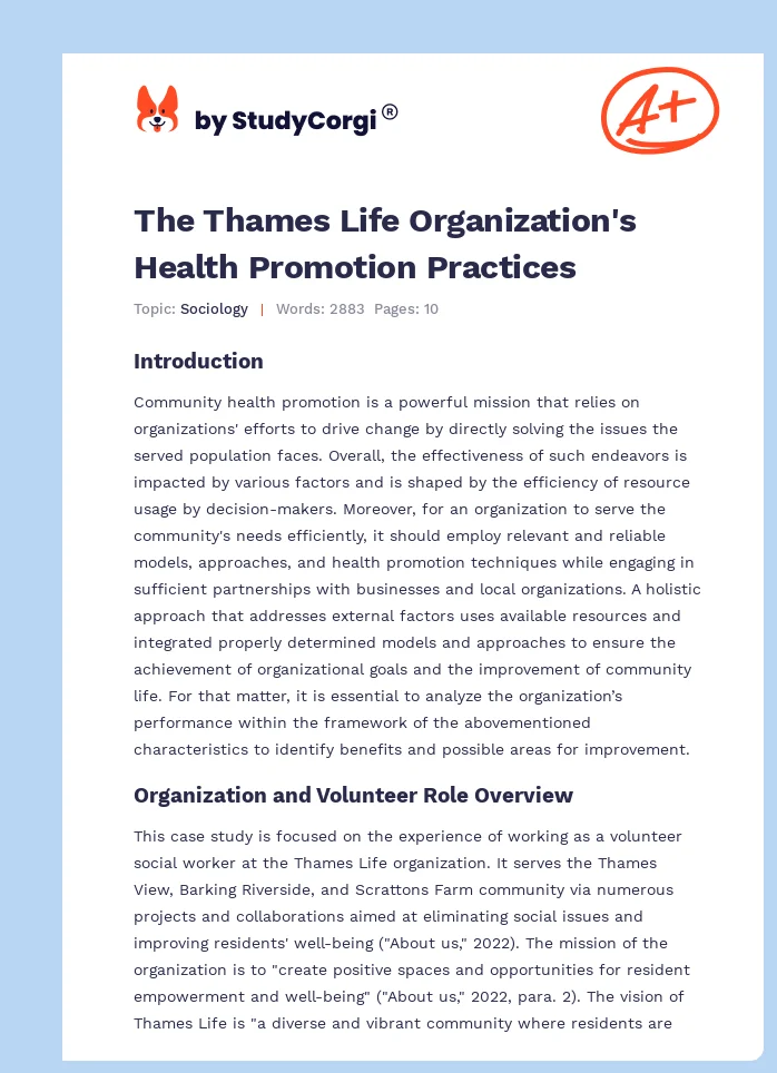 The Thames Life Organization's Health Promotion Practices. Page 1