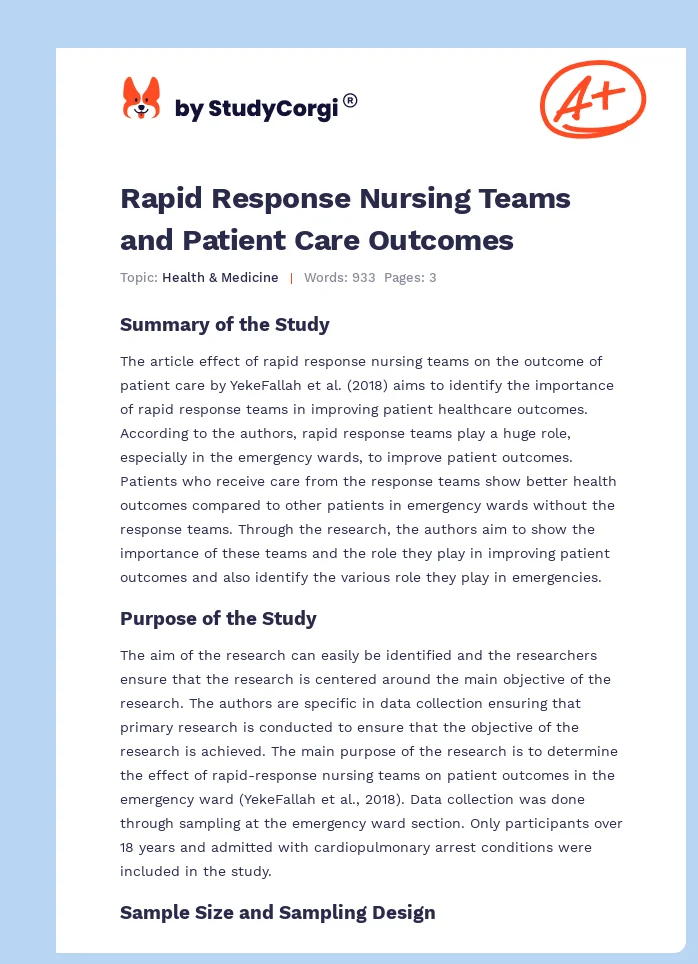 Rapid Response Nursing Teams and Patient Care Outcomes. Page 1