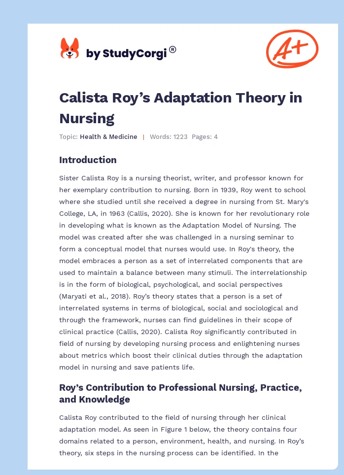 Calista Roy’s Adaptation Theory in Nursing. Page 1