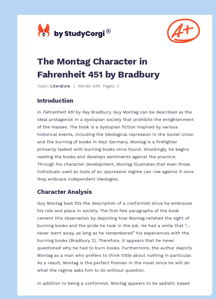 The Montag Character in Fahrenheit 451 by Bradbury. Page 1