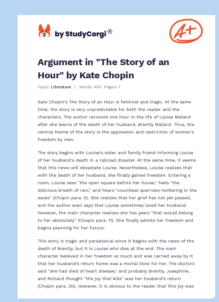 Argument in "The Story of an Hour" by Kate Chopin. Page 1