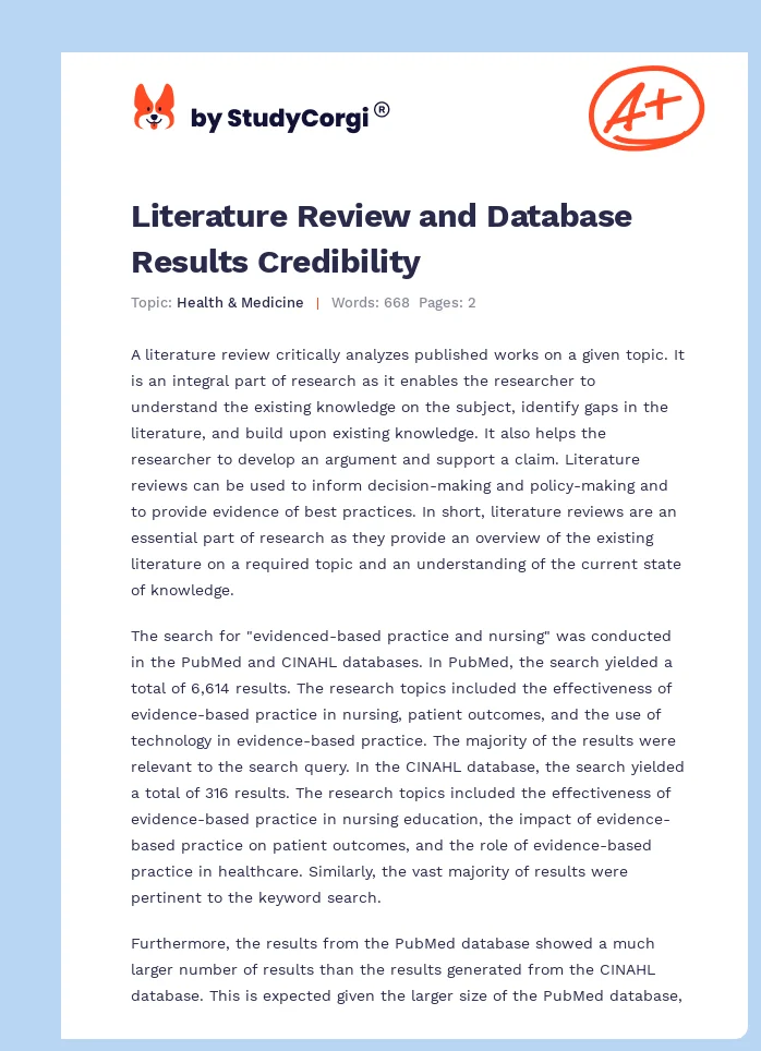 Literature Review and Database Results Credibility. Page 1