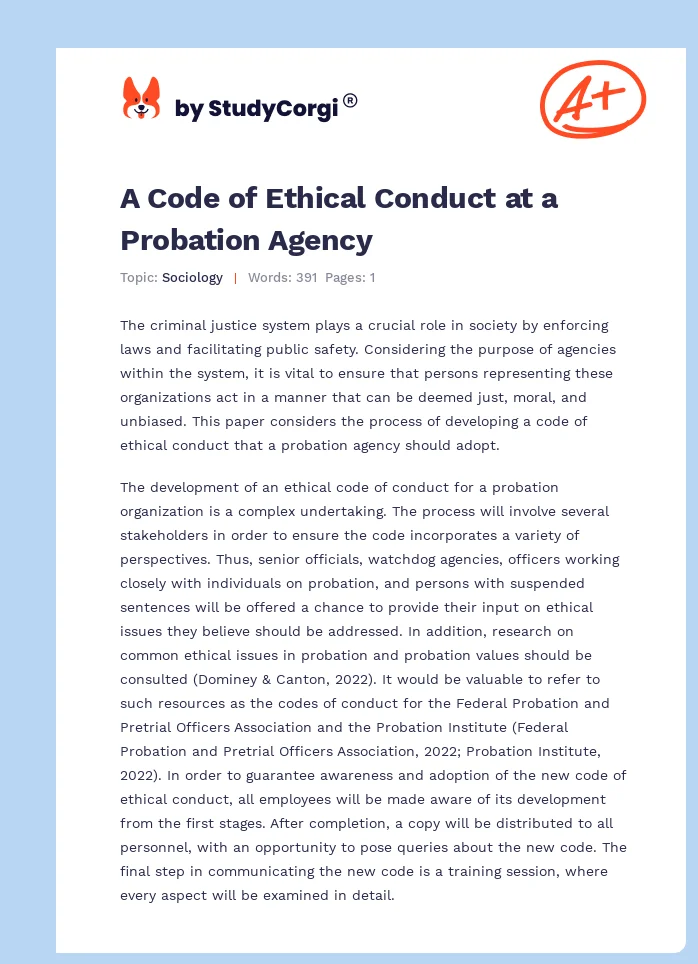 A Code of Ethical Conduct at a Probation Agency. Page 1