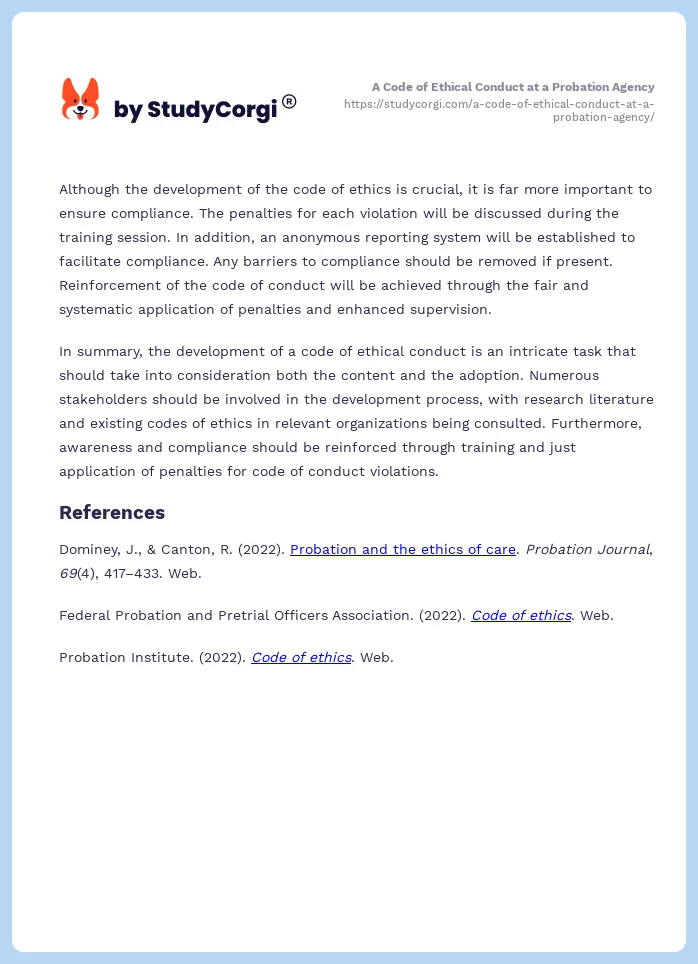 A Code of Ethical Conduct at a Probation Agency. Page 2