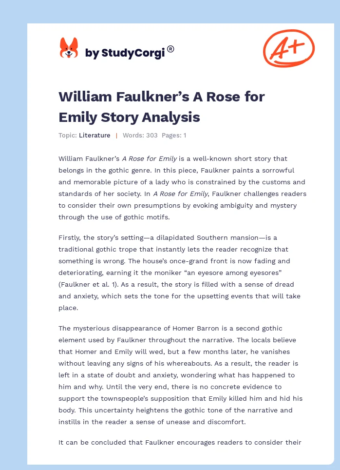 William Faulkner’s A Rose for Emily Story Analysis. Page 1