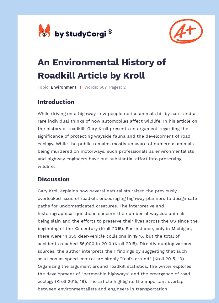 An Environmental History of Roadkill Article by Kroll. Page 1