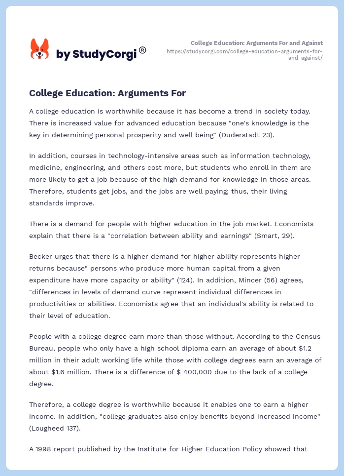 College Education: Arguments For and Against. Page 2