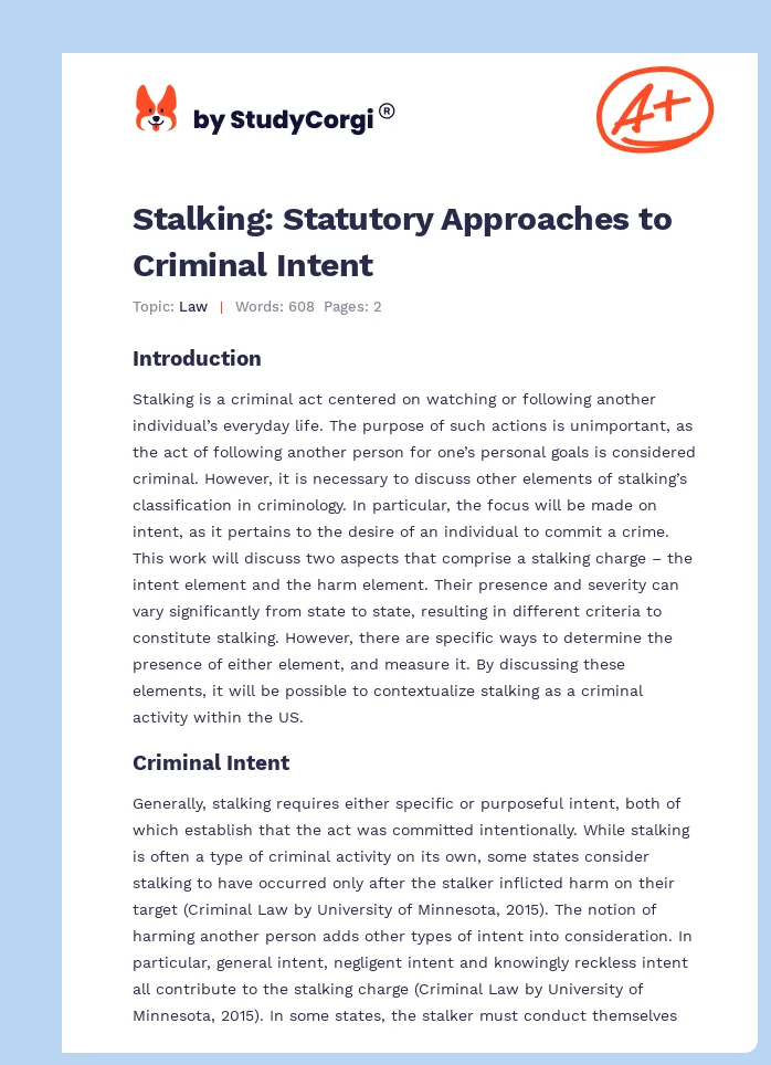 Stalking: Statutory Approaches to Criminal Intent. Page 1