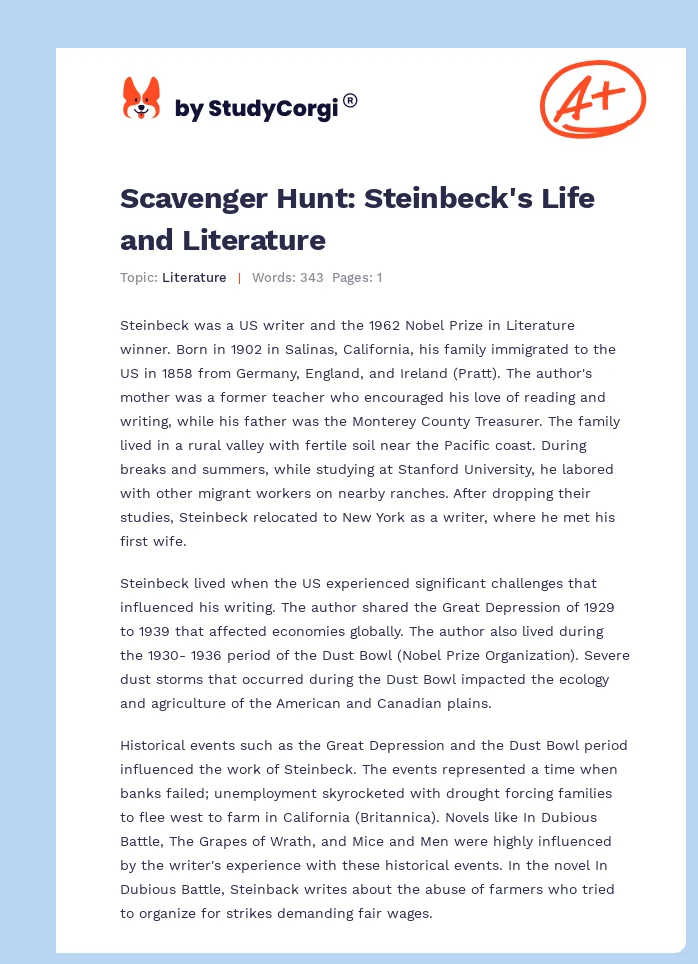 Scavenger Hunt: Steinbeck's Life and Literature. Page 1