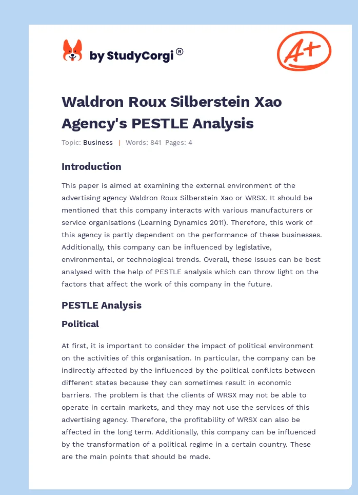 Waldron Roux Silberstein Xao Agency's PESTLE Analysis. Page 1