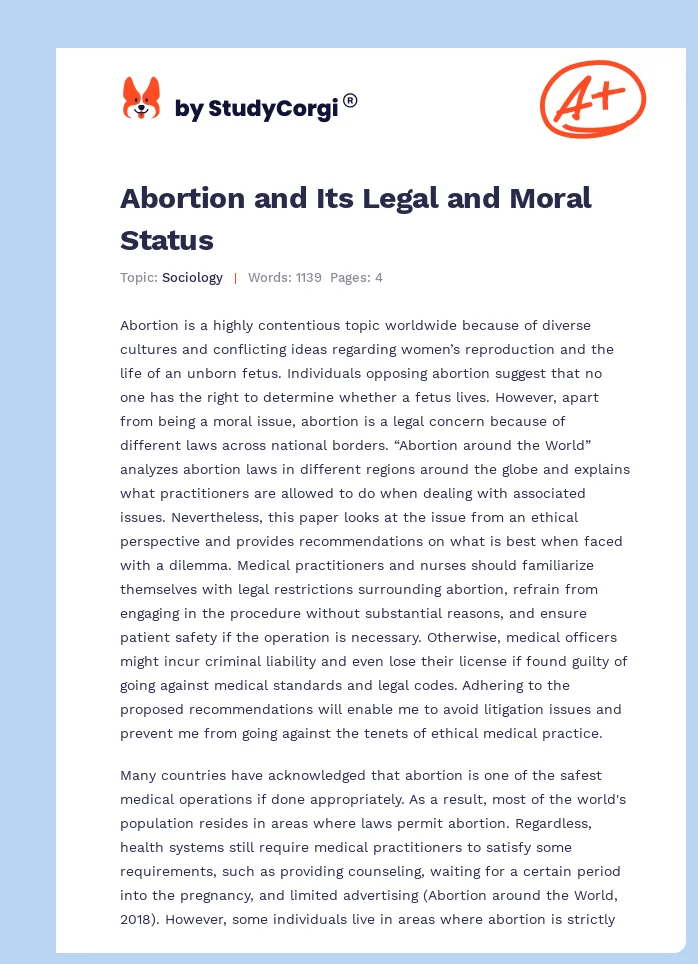 Abortion and Its Legal and Moral Status. Page 1