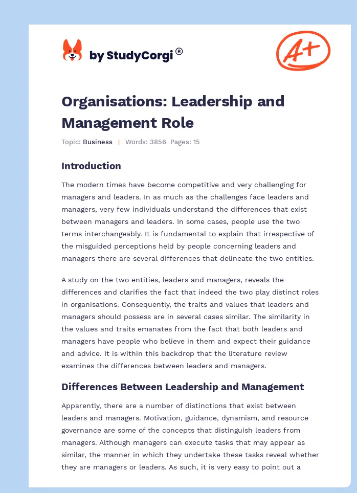 Organisations: Leadership and Management Role. Page 1