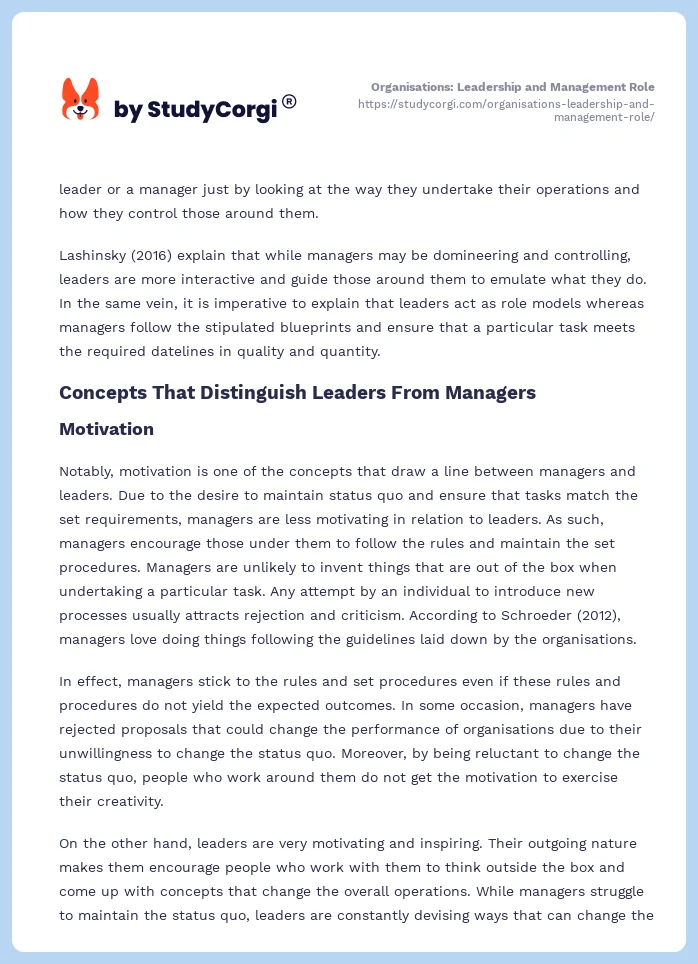 Organisations: Leadership and Management Role. Page 2