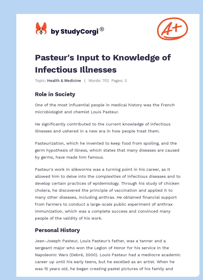 Pasteur's Input to Knowledge of Infectious Illnesses. Page 1