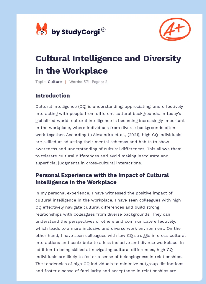 Cultural Intelligence and Diversity in the Workplace. Page 1