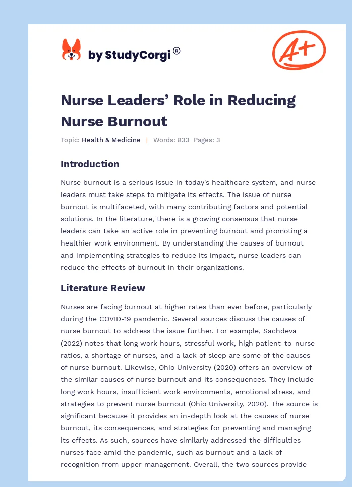 Nurse Leaders’ Role in Reducing Nurse Burnout. Page 1