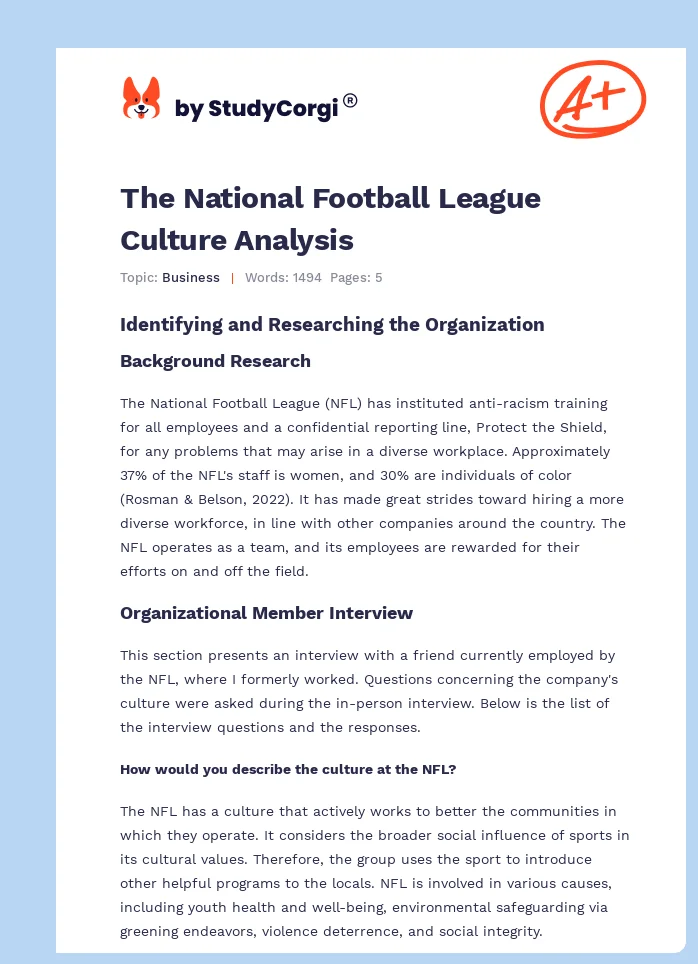 The National Football League Culture Analysis. Page 1