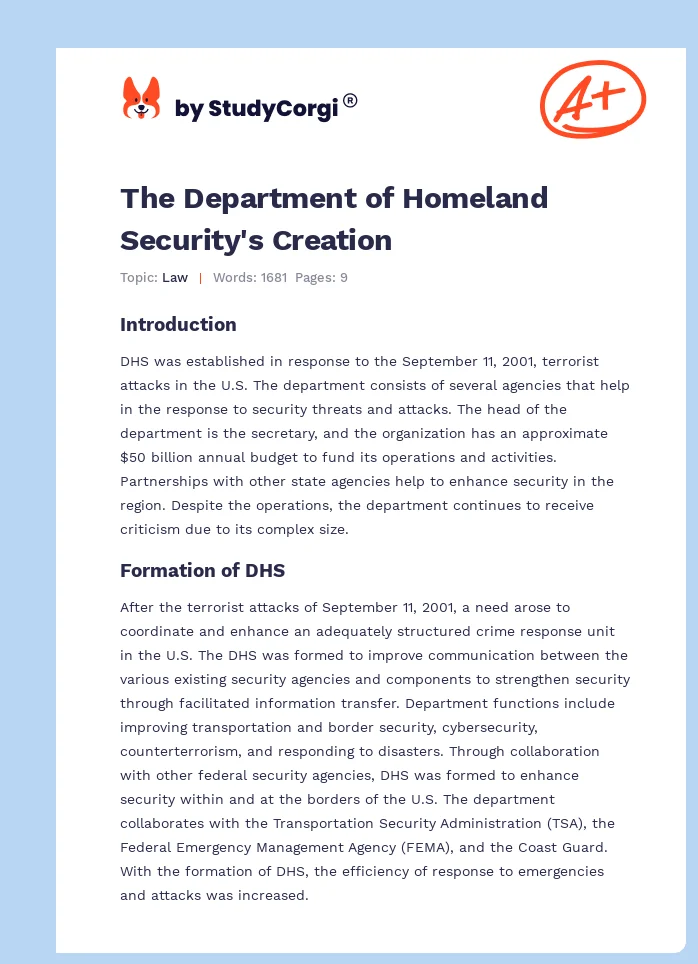 The Department of Homeland Security's Creation. Page 1