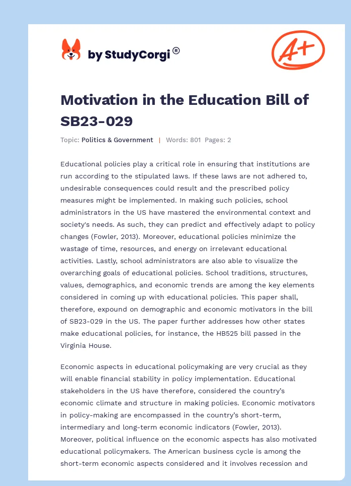 Motivation in the Education Bill of SB23-029. Page 1