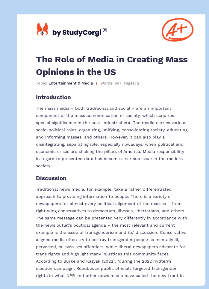 The Role of Media in Contemporary American Society. Page 1