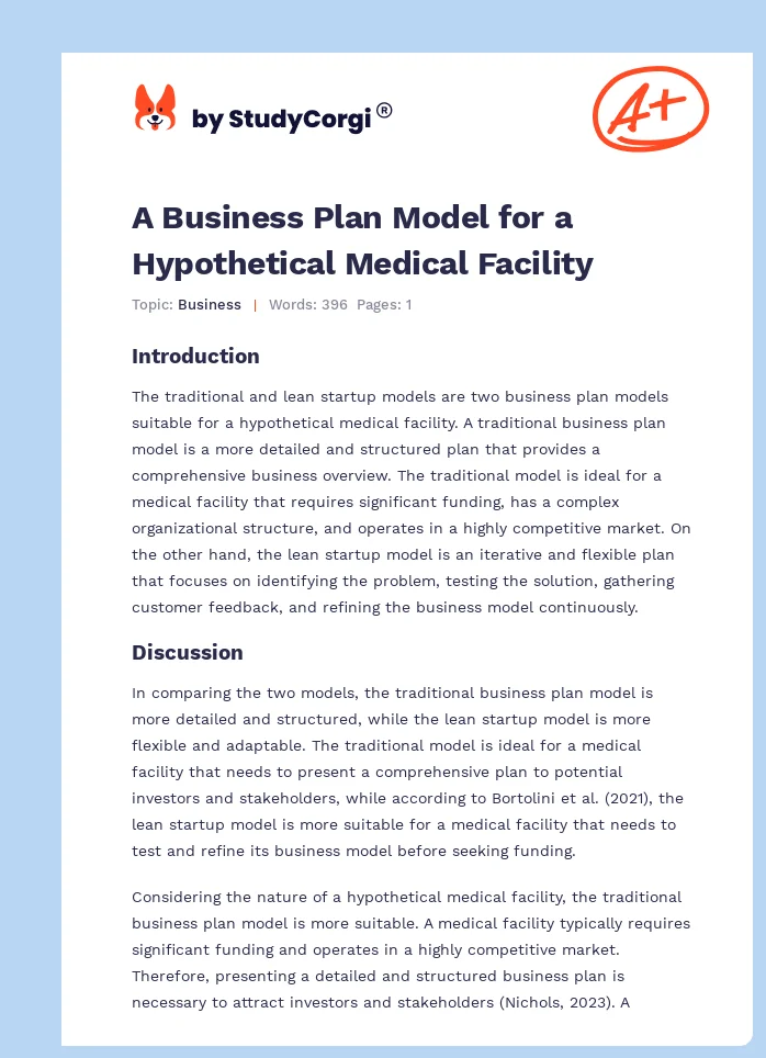 A Business Plan Model for a Hypothetical Medical Facility. Page 1