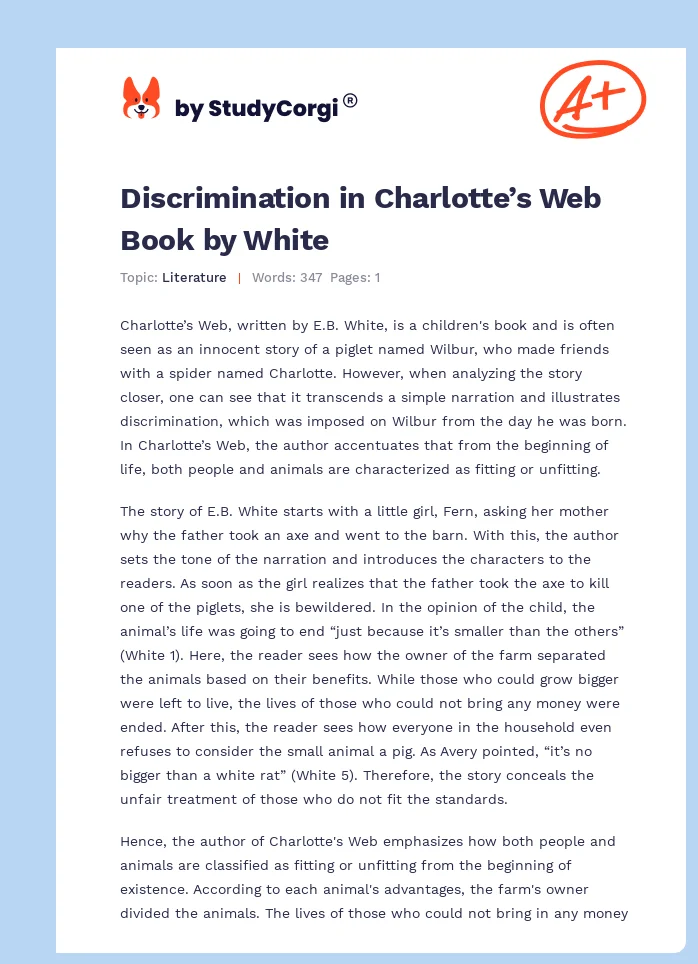 Discrimination in Charlotte’s Web Book by White. Page 1