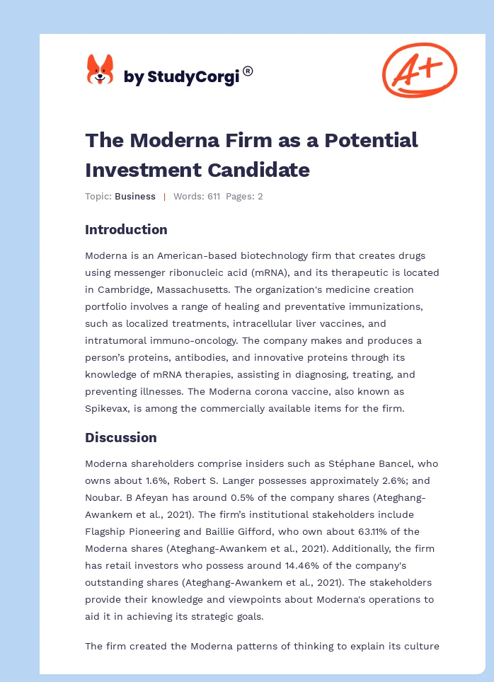The Moderna Firm as a Potential Investment Candidate. Page 1