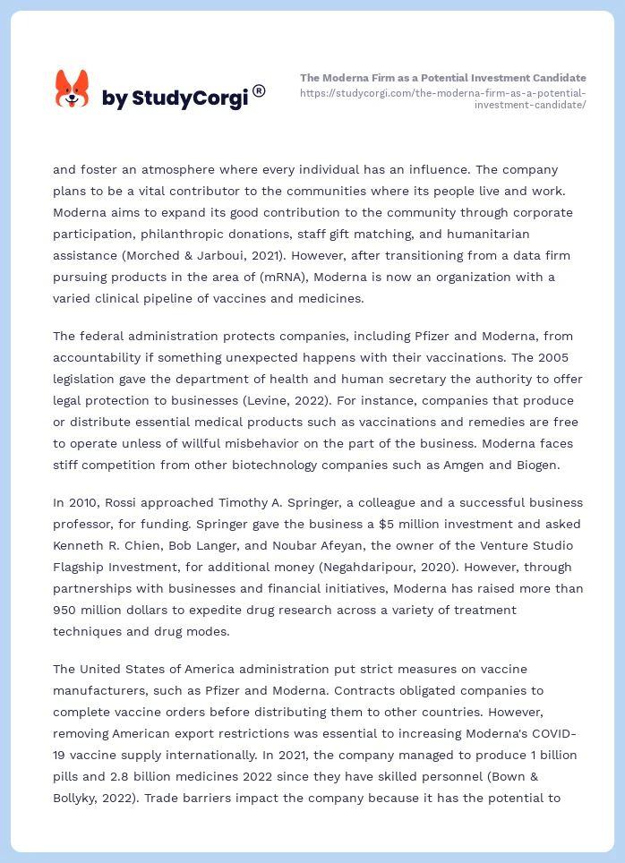 The Moderna Firm as a Potential Investment Candidate. Page 2