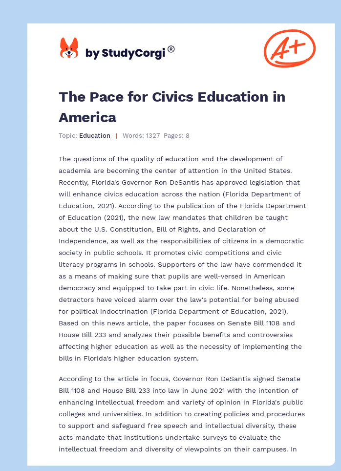 The Pace for Civics Education in America. Page 1