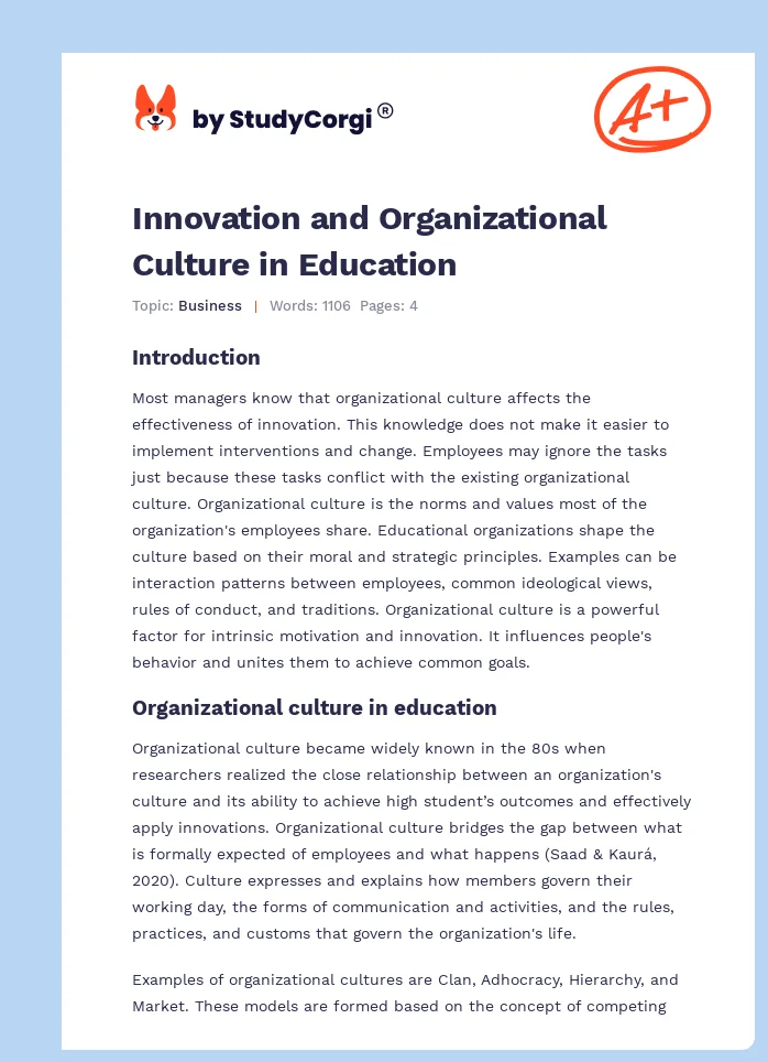 Innovation and Organizational Culture in Education. Page 1