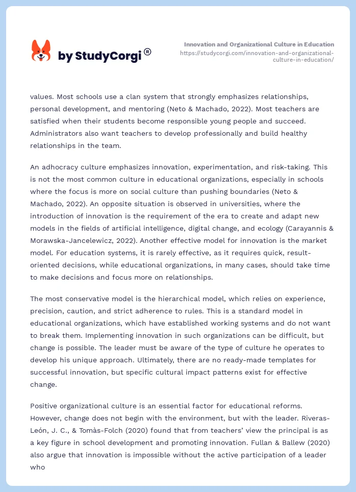 Innovation and Organizational Culture in Education. Page 2