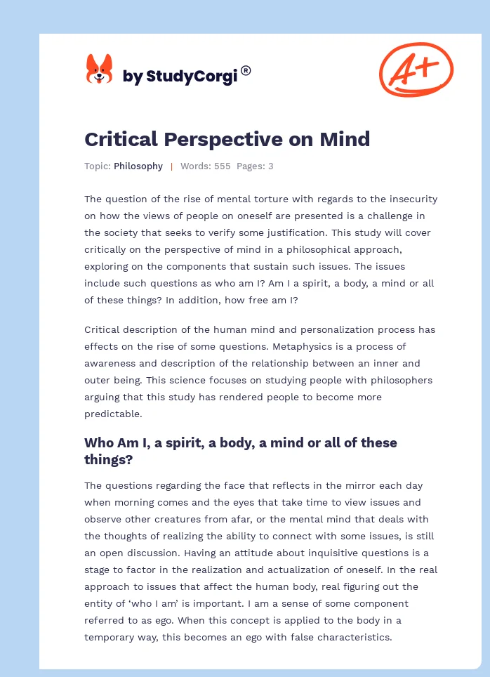 Critical Perspective on Mind. Page 1