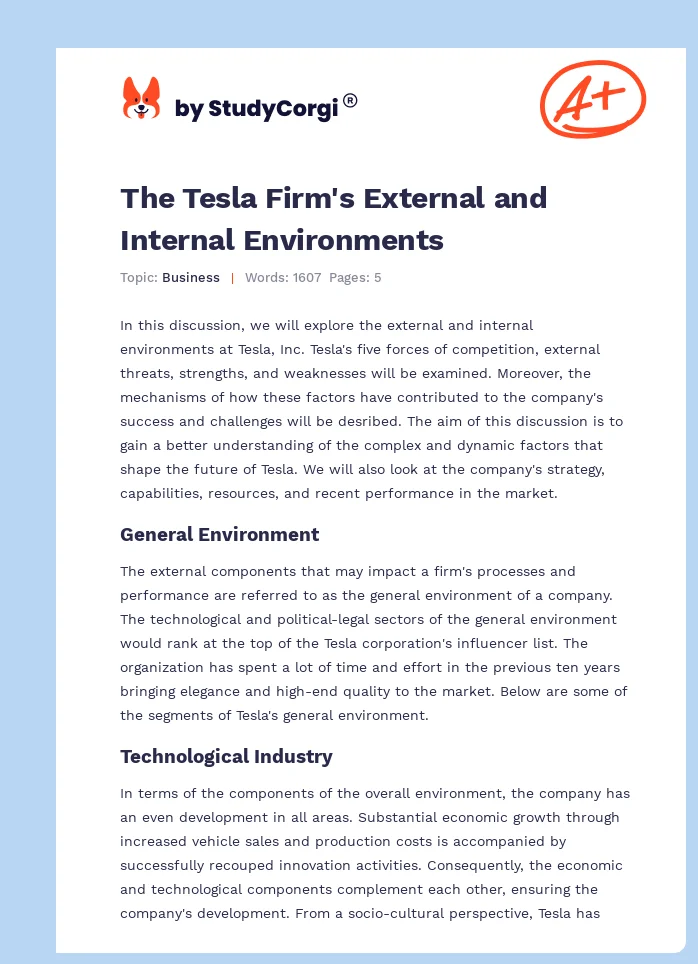 The Tesla Firm's External and Internal Environments. Page 1