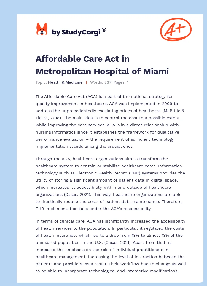 Affordable Care Act in Metropolitan Hospital of Miami. Page 1