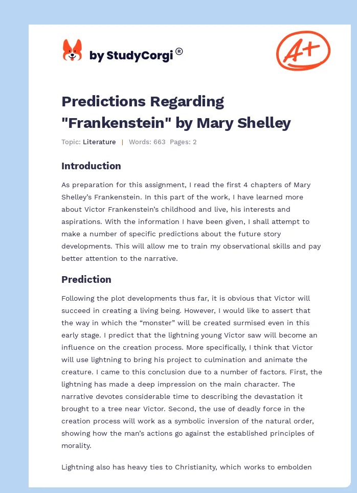 Predictions Regarding "Frankenstein" by Mary Shelley. Page 1