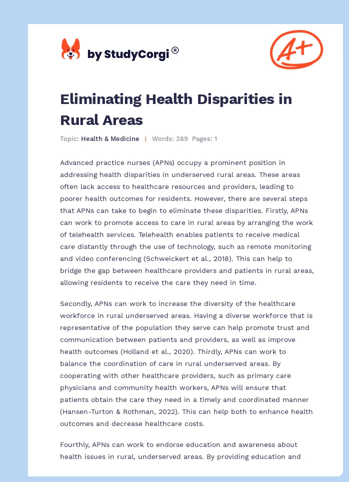 Eliminating Health Disparities in Rural Areas. Page 1