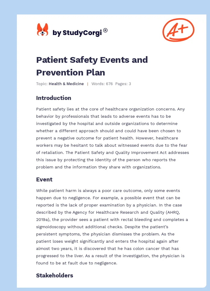 Patient Safety Events and Prevention Plan. Page 1