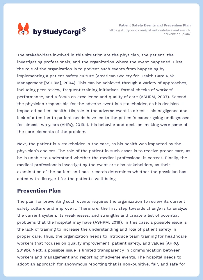 Patient Safety Events and Prevention Plan. Page 2