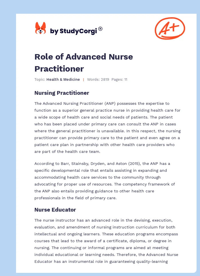 Role of Advanced Nurse Practitioner. Page 1